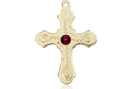 14kt Gold Cross Medal with a 3mm Garnet Swarovski stone