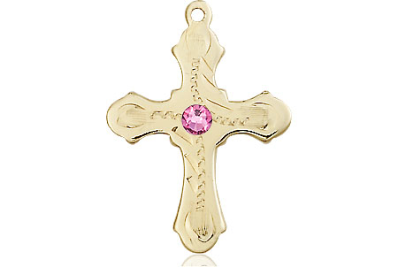 14kt Gold Cross Medal with a 3mm Rose Swarovski stone