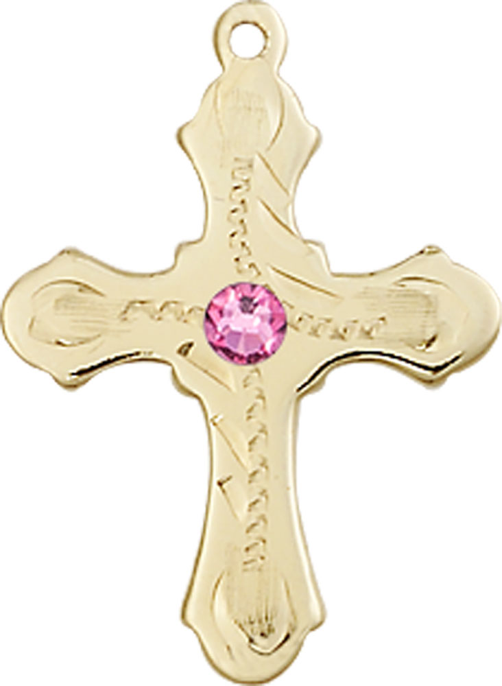 14kt Gold Cross Medal with a 3mm Rose Swarovski stone