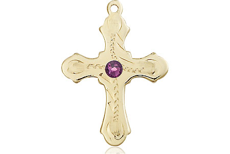 14kt Gold Cross Medal with a 3mm Amethyst Swarovski stone