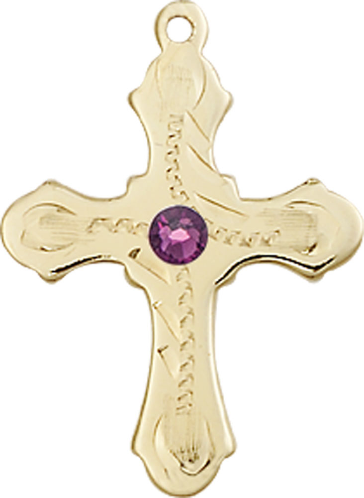 14kt Gold Cross Medal with a 3mm Amethyst Swarovski stone