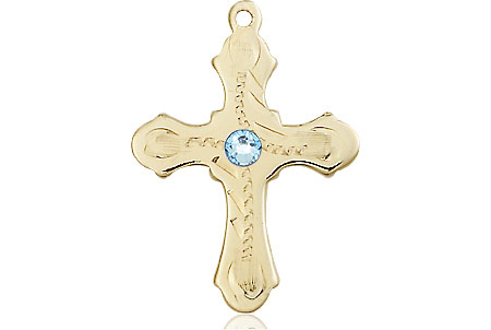 14kt Gold Cross Medal with a 3mm Aqua Swarovski stone