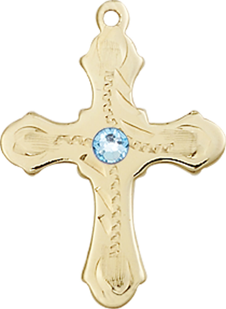 14kt Gold Cross Medal with a 3mm Aqua Swarovski stone