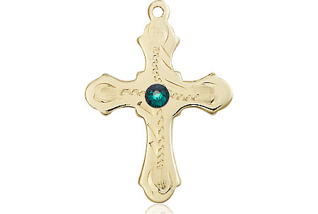 14kt Gold Cross Medal with a 3mm Emerald Swarovski stone