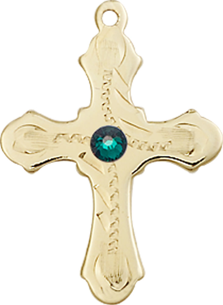 14kt Gold Cross Medal with a 3mm Emerald Swarovski stone