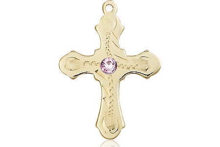 14kt Gold Cross Medal with a 3mm Light Amethyst Swarovski stone