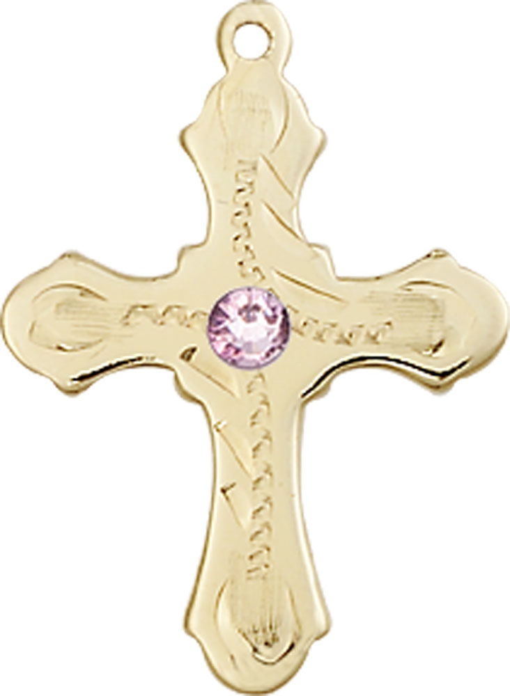 14kt Gold Cross Medal with a 3mm Light Amethyst Swarovski stone