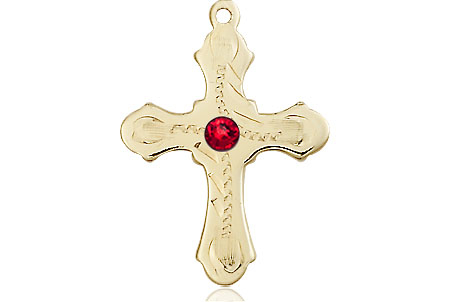 14kt Gold Cross Medal with a 3mm Ruby Swarovski stone