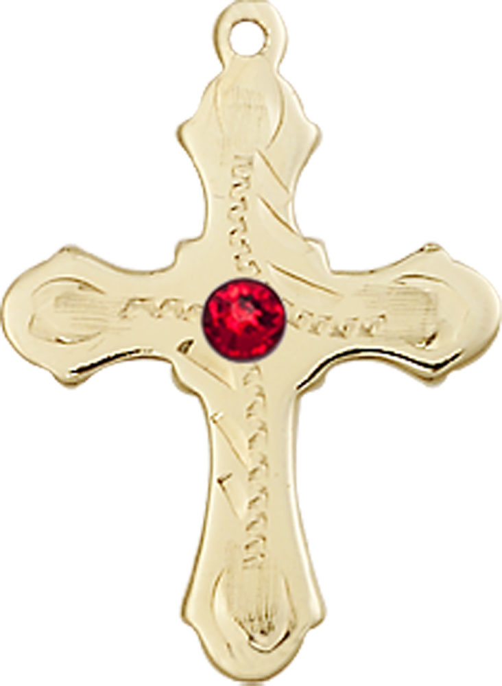 14kt Gold Cross Medal with a 3mm Ruby Swarovski stone