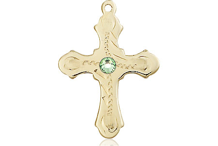 14kt Gold Cross Medal with a 3mm Peridot Swarovski stone