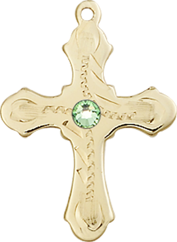 14kt Gold Cross Medal with a 3mm Peridot Swarovski stone