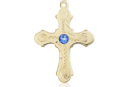 14kt Gold Cross Medal with a 3mm Sapphire Swarovski stone