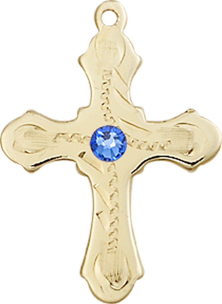 14kt Gold Cross Medal with a 3mm Sapphire Swarovski stone