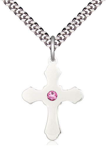 Sterling Silver Cross Pendant with a 3mm Rose Swarovski stone on a 24 inch Light Rhodium Heavy Curb chain