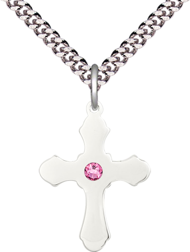 Sterling Silver Cross Pendant with a 3mm Rose Swarovski stone on a 24 inch Light Rhodium Heavy Curb chain