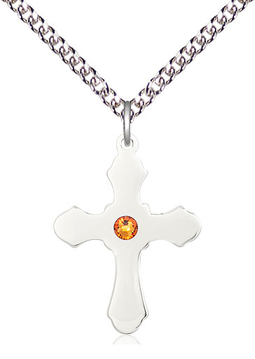 Sterling Silver Cross Pendant with a 3mm Topaz Swarovski stone on a 24 inch Sterling Silver Heavy Curb chain