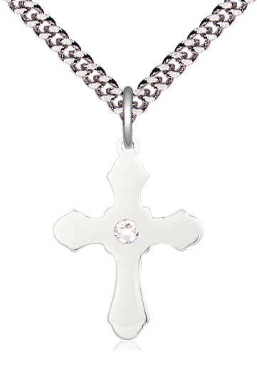 Sterling Silver Cross Pendant with a 3mm Crystal Swarovski stone on a 24 inch Light Rhodium Heavy Curb chain