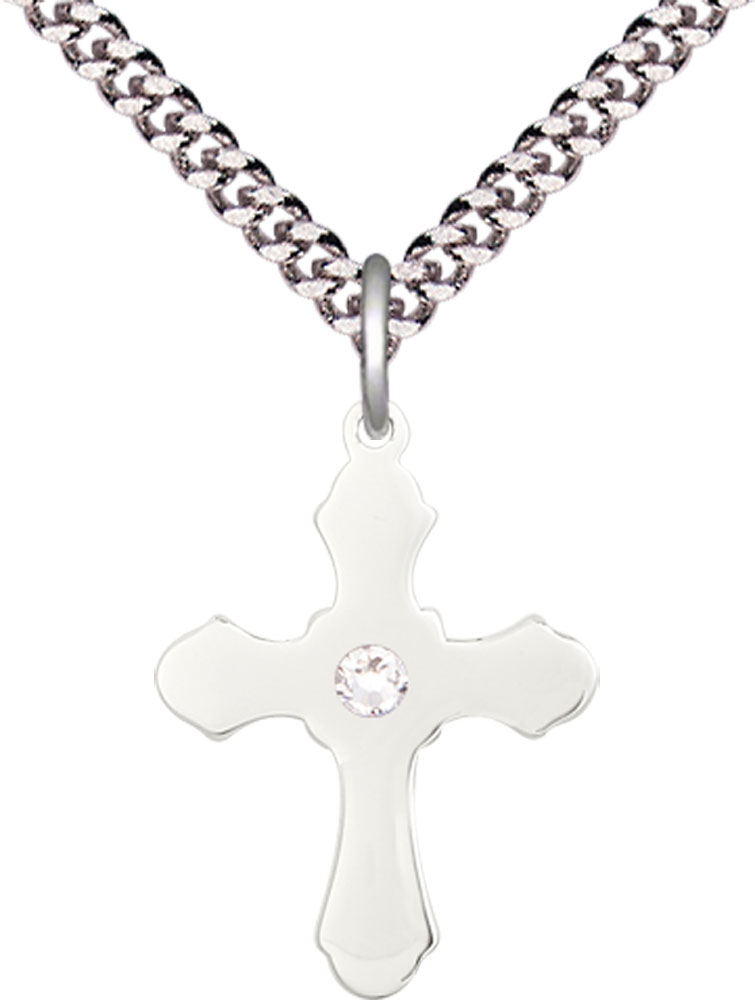 Sterling Silver Cross Pendant with a 3mm Crystal Swarovski stone on a 24 inch Light Rhodium Heavy Curb chain