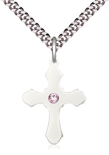 Sterling Silver Cross Pendant with a 3mm Light Amethyst Swarovski stone on a 24 inch Light Rhodium Heavy Curb chain