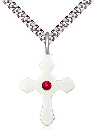 Sterling Silver Cross Pendant with a 3mm Ruby Swarovski stone on a 24 inch Light Rhodium Heavy Curb chain