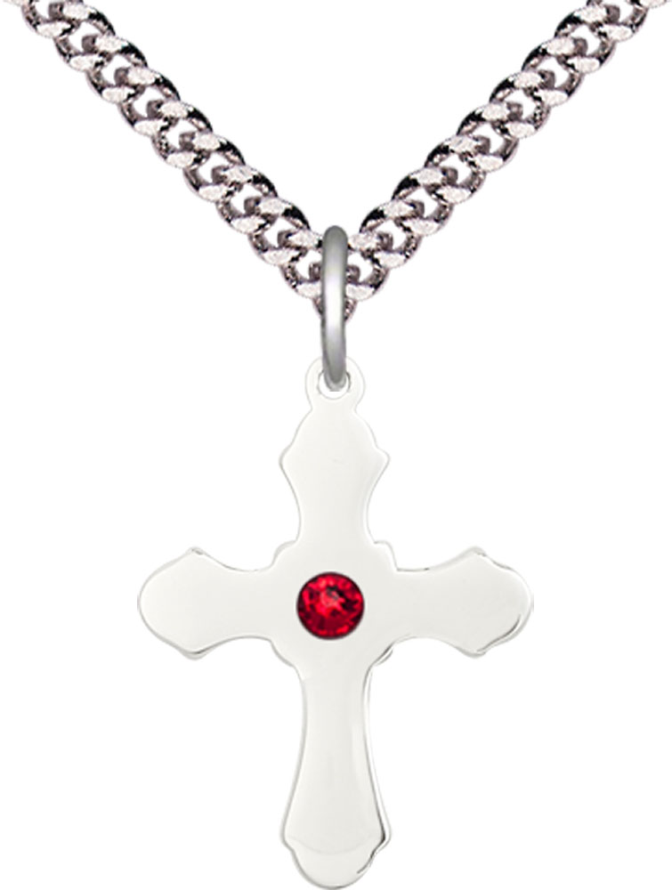 Sterling Silver Cross Pendant with a 3mm Ruby Swarovski stone on a 24 inch Light Rhodium Heavy Curb chain