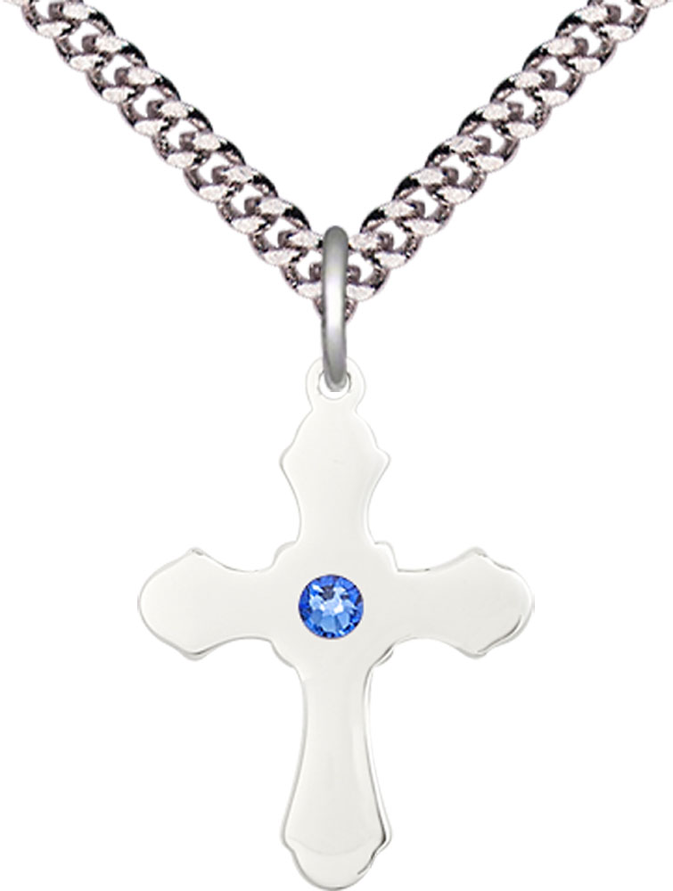 Sterling Silver Cross Pendant with a 3mm Sapphire Swarovski stone on a 24 inch Light Rhodium Heavy Curb chain