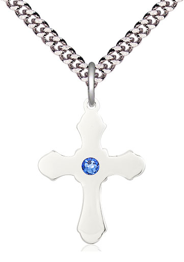 Sterling Silver Cross Pendant with a 3mm Sapphire Swarovski stone on a 24 inch Light Rhodium Heavy Curb chain