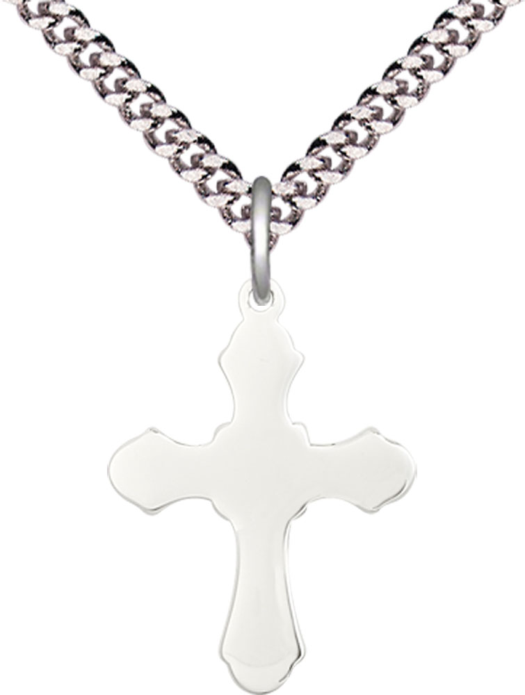 Sterling Silver Cross Pendant on a 24 inch Light Rhodium Heavy Curb chain