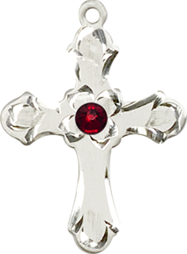 Sterling Silver Cross Medal with a 3mm Garnet Swarovski stone