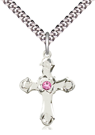 Sterling Silver Cross Pendant with a 3mm Rose Swarovski stone on a 24 inch Light Rhodium Heavy Curb chain