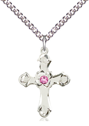 Sterling Silver Cross Pendant with a 3mm Rose Swarovski stone on a 24 inch Sterling Silver Heavy Curb chain