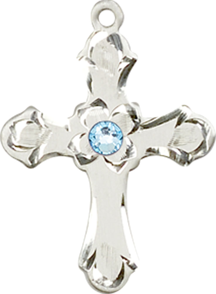 Sterling Silver Cross Medal with a 3mm Aqua Swarovski stone