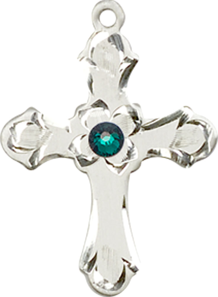 Sterling Silver Cross Medal with a 3mm Emerald Swarovski stone