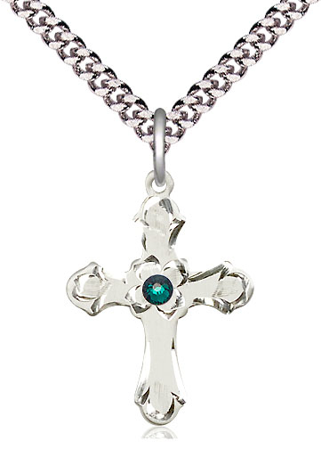 Sterling Silver Cross Pendant with a 3mm Emerald Swarovski stone on a 24 inch Light Rhodium Heavy Curb chain