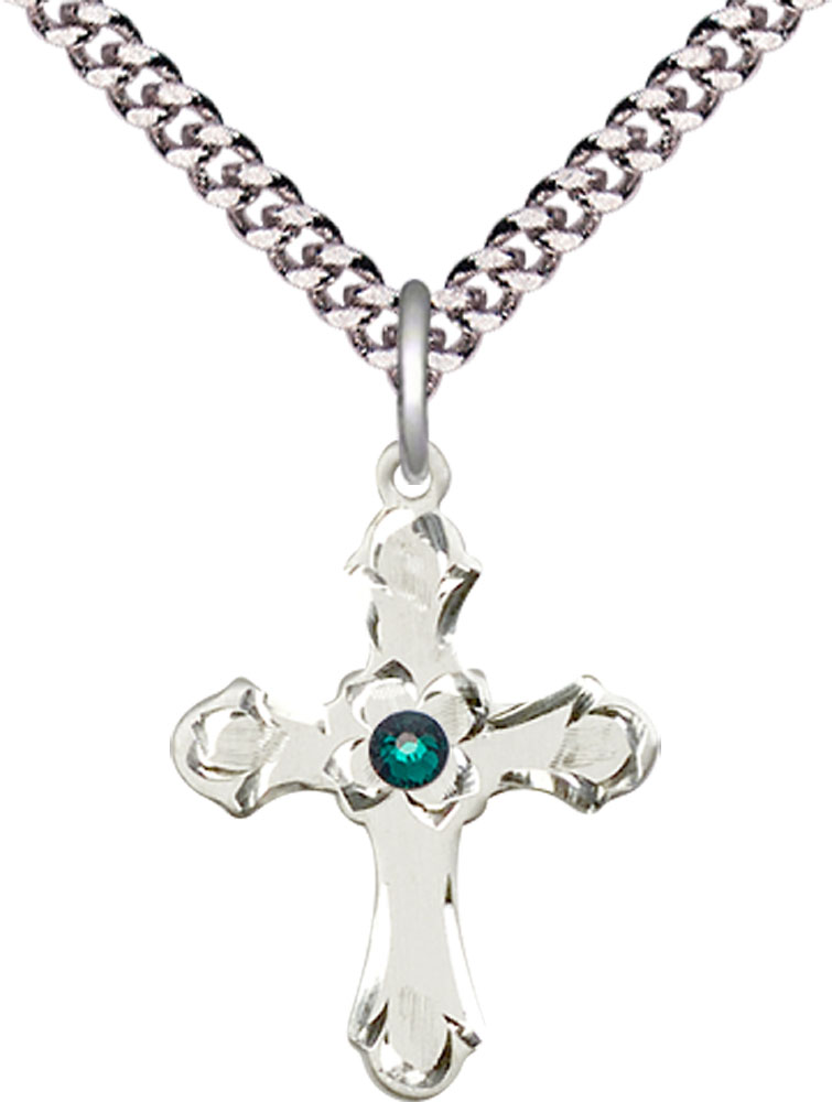 Sterling Silver Cross Pendant with a 3mm Emerald Swarovski stone on a 24 inch Light Rhodium Heavy Curb chain