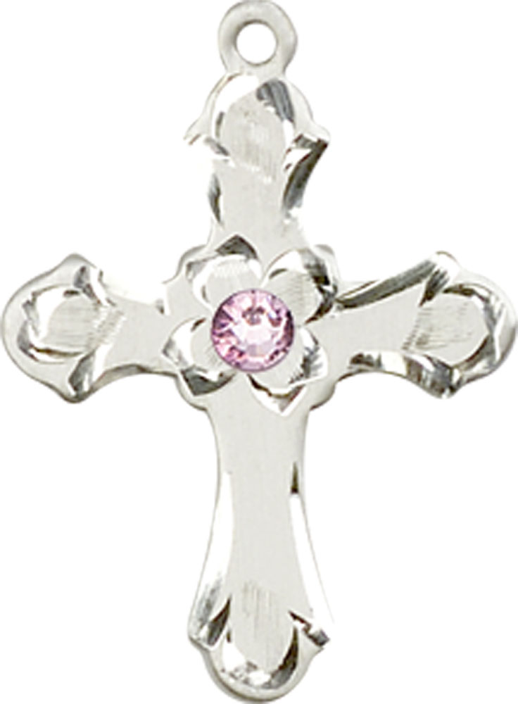 Sterling Silver Cross Medal with a 3mm Light Amethyst Swarovski stone