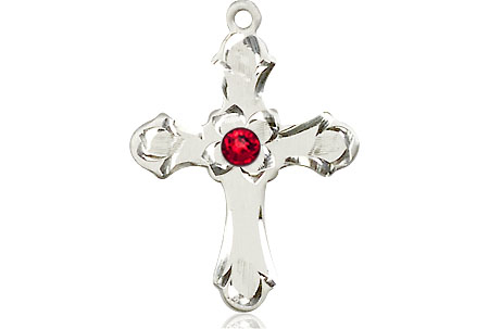 Sterling Silver Cross Medal with a 3mm Ruby Swarovski stone