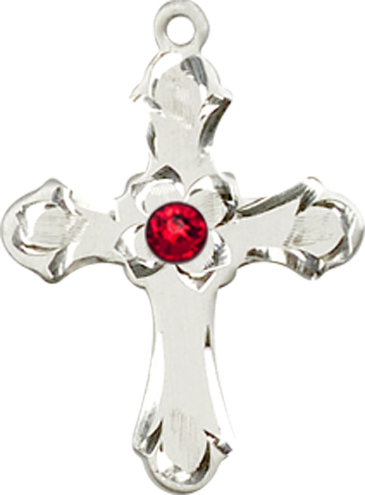 Sterling Silver Cross Medal with a 3mm Ruby Swarovski stone