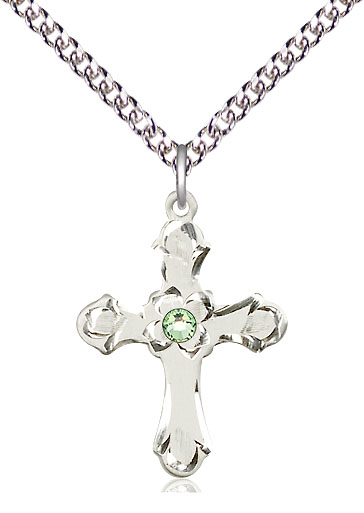 Sterling Silver Cross Pendant with a 3mm Peridot Swarovski stone on a 24 inch Sterling Silver Heavy Curb chain