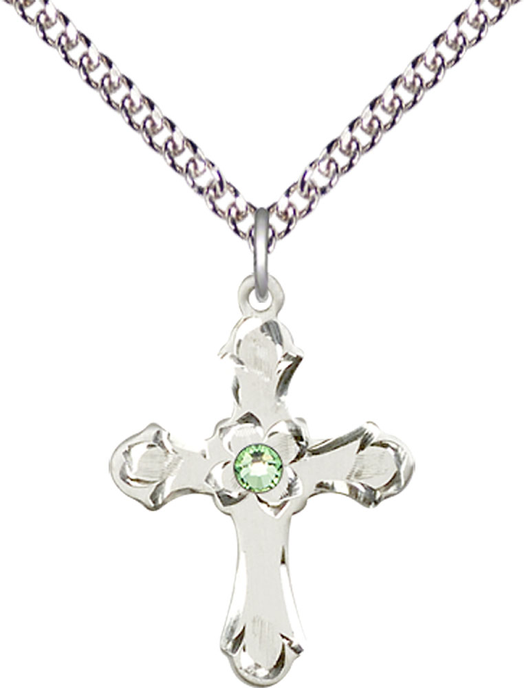 Sterling Silver Cross Pendant with a 3mm Peridot Swarovski stone on a 24 inch Sterling Silver Heavy Curb chain