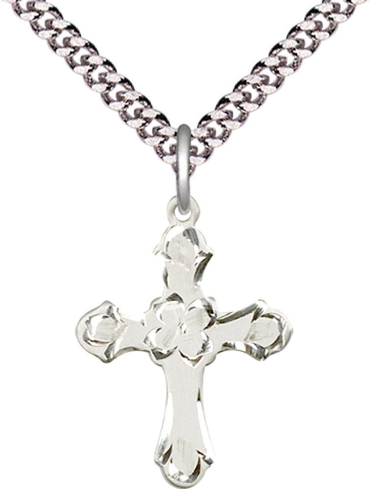 Sterling Silver Cross Pendant on a 24 inch Light Rhodium Heavy Curb chain