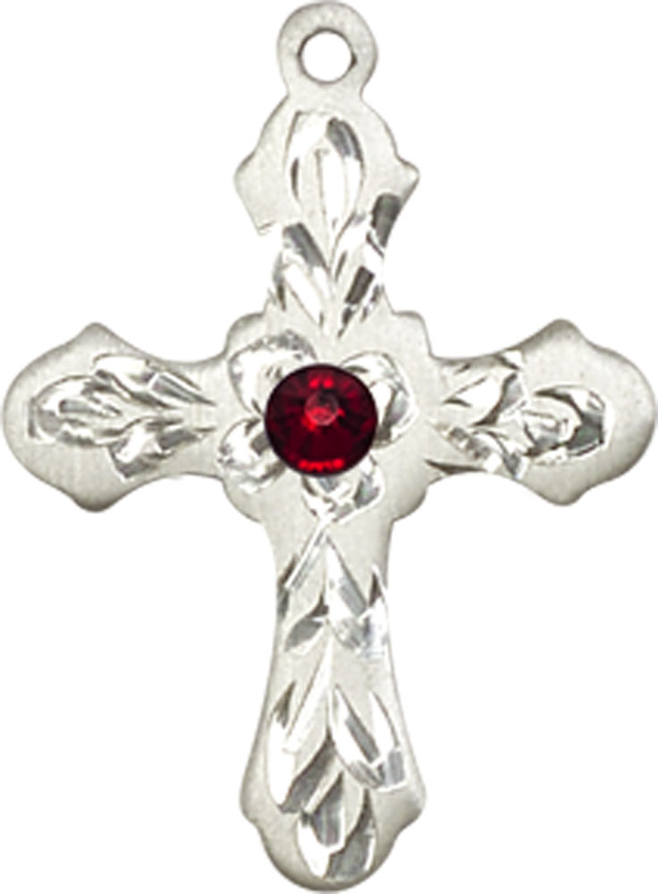 Sterling Silver Cross Medal with a 3mm Garnet Swarovski stone