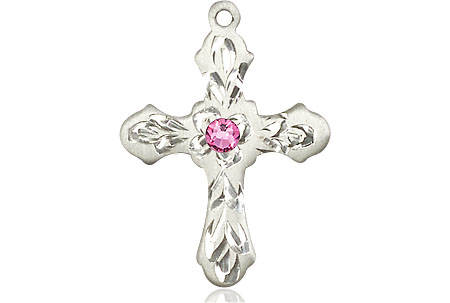 Sterling Silver Cross Medal with a 3mm Rose Swarovski stone