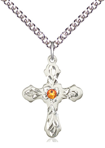 Sterling Silver Cross Pendant with a 3mm Topaz Swarovski stone on a 24 inch Sterling Silver Heavy Curb chain