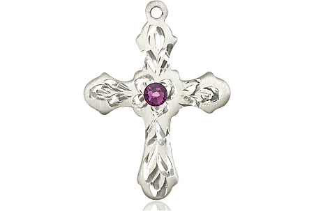 Sterling Silver Cross Medal with a 3mm Amethyst Swarovski stone