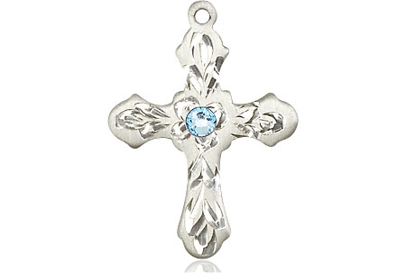 Sterling Silver Cross Medal with a 3mm Aqua Swarovski stone