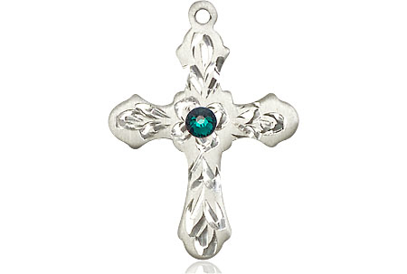 Sterling Silver Cross Medal with a 3mm Emerald Swarovski stone