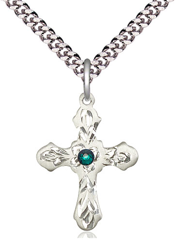 Sterling Silver Cross Pendant with a 3mm Emerald Swarovski stone on a 24 inch Light Rhodium Heavy Curb chain