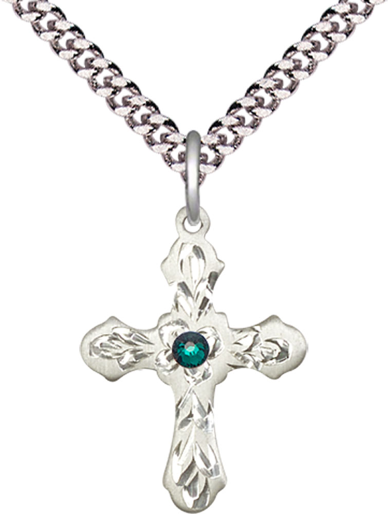 Sterling Silver Cross Pendant with a 3mm Emerald Swarovski stone on a 24 inch Light Rhodium Heavy Curb chain