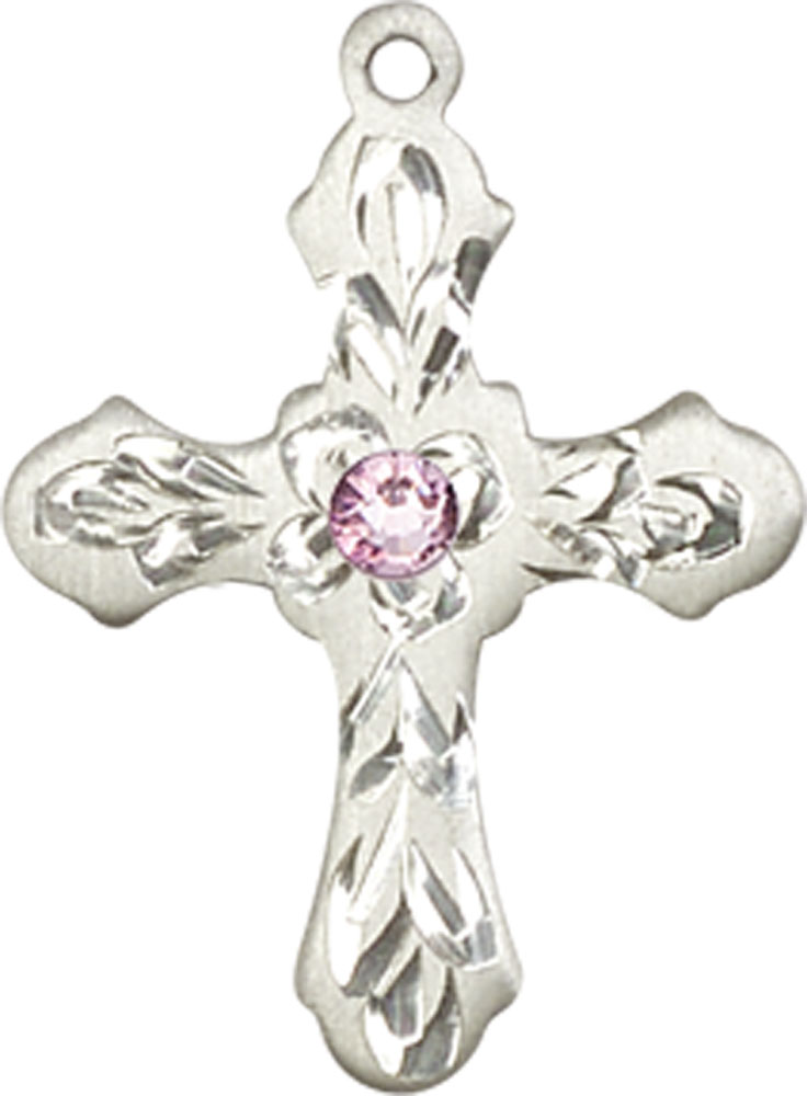 Sterling Silver Cross Medal with a 3mm Light Amethyst Swarovski stone